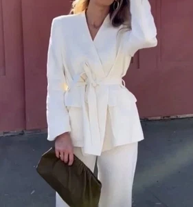 Zara Damen Weiß Ecru Elfenbein Leinen Gürtel Blazer Cocktail Small Neu mit Etikett* - Bild 1 von 7