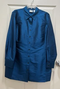 CHICOS Womens 100% Silk Shantug Shirt Size 3 Blue/Green Long Sleeve NWT - Picture 1 of 8