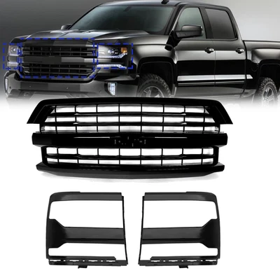 Pair Headlight Trim Bezel Cover &Grille Black For 2016-2018 Chevy Silverado 1500 - Image 1 of 4