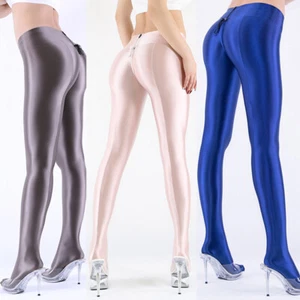 Women Sexy Glossy Oil Leggings Yoga Zipper Fitness Opaque Stretch Jeggings S-3XL - Picture 1 of 23