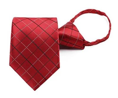 Mens Zipper Pre-tied Clip-On Tie Business Wedding Solid One Size Red Plaid - Image 1 of 3