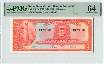 HAITI 5 Gourdes 1964, P-187a, Prefix N, PMG 64 Choice UNC, Completely Original. - Image 1 of 2