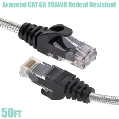 50FT Cat6A RJ45 Network LAN Armored Slim Patch Cable Rodent Resistant 28AWG Gold - Image 1 of 4
