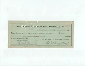 Des Moines & Central Iowa Railroad 1925 check signed treasurer Enoch B. Bieghler - Picture 1 of 3