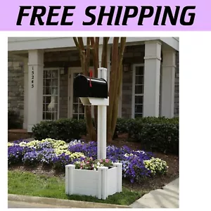 Elegant White Vinyl Mailbox Post with Planter & Newspaper Holder - Easy Install - Picture 1 of 9