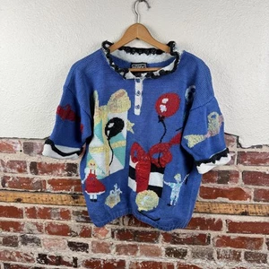 Vintage Berek Sweater Womens Small Blue Hand Knit Cotton Birthday Balloons 90s - Picture 1 of 6