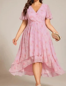 Neu mit Etikett Ever Pretty Damen-Midikleid Gr. XL rosa Aquarell Blumenmuster hoch niedrig Chiffon - Bild 1 von 6
