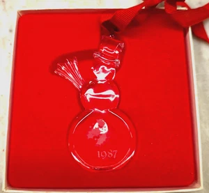 Orrefors 1987 Christmas Ornament Crystal  Snowman with Holly Etched Vintage Box - Picture 1 of 20