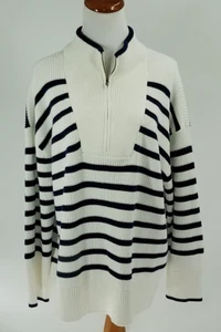 Lands' End Plus Size 1X (16W-18W) Half Zip Cotton Ribbed Sweater Navy and Ivory - Picture 1 of 4