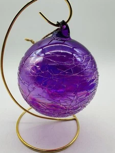 Blown Glass Christmas Ornament Globe Bulb Purple Crackled Glass - Picture 1 of 6