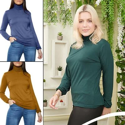 Women's Ladies Long Sleeve Frill Ruffles High Neck Polo Stretch Jumper Tops - Image 1 of 2