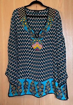 Tolani Size 1X Vibrant Print on Black 100% Silk Pullover V Neck Tunic Top - Image 1 of 2