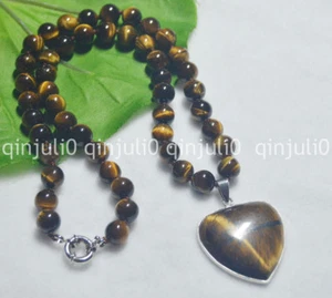 8MM Genuine yellow Tiger's eye gemstone round beads necklace heart pendant 18" - Picture 1 of 3