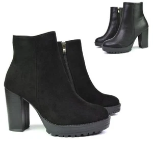 Womens Ankle Boots Ladies Platform Block Heel Combat Biker Zip Booties Size 3-8 - Picture 1 of 23