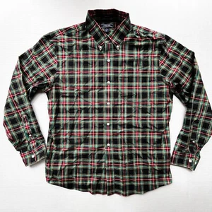 Lands End Button Down Shirt Mens L 16-16.5" No Iron Twill Plaid Tartan Navy Red - Picture 1 of 6