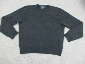 Vintage Polo Ralph Lauren Sweater Men Large Gray Lambs Wool Blue Pony V Neck 90s - Picture 1 of 14