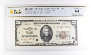 1929 $20 St Louis MO Federal Reserve Bank Fr#1870-H Choice Unc 64 PCGS *2529 - Picture 1 of 3