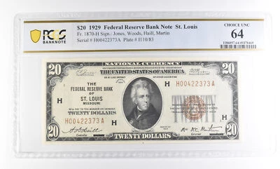 1929 $20 St Louis MO Federal Reserve Bank Fr#1870-H Choice Unc 64 PCGS *2529 - Image 1 of 3