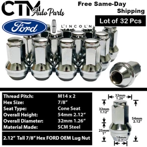 32Pcs CHROME FORD OEM FACTORY STYLE LUG NUT M14X2 FOR F250 F350 DUALLY EXCURSION - Picture 1 of 5