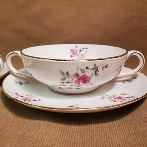 RARE Crown Staffordshire- 2 Cream Soup Cups & Saucers - English Rosebud - Picture 1 of 7