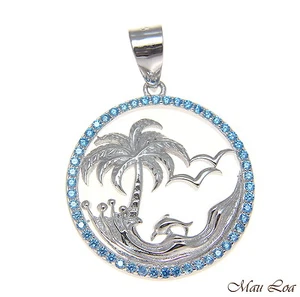 925 Silver Genuine Blue Topaz Hawaiian Palm Tree Dolphin Wave Pendant - Picture 1 of 3
