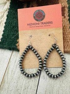Navajo Sterling Silver Pearl Beaded Dangle Hoop Earrings - Picture 1 of 6