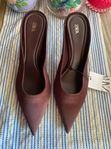 ZARA NEW WOMAN STILETTO SATIN HIGH-HEEL MULES SHOES BROWN WINE SZ 40 US 9 - Picture 1 of 10