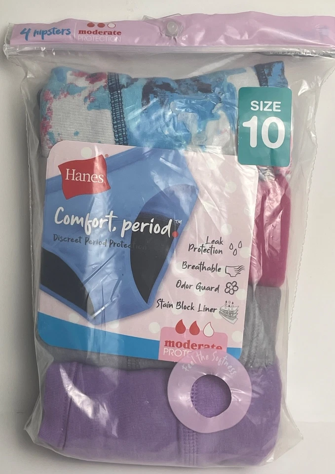 Hanes Girls 4 Pack Comfort Period Panties Moderate Protection Hipster Size 10