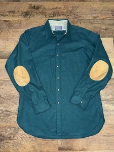 Pendleton Wool Button Down Shirt Men’s L Teal Green Suede Elbow Patches Vintage - Picture 1 of 6