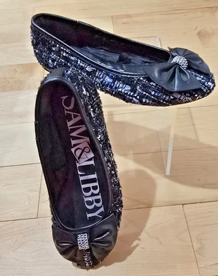 Sam & Libby Chelsea Bow Flats Black Blue Grey Sequin Tweed Chain Accent Size 6 - Image 1 of 4