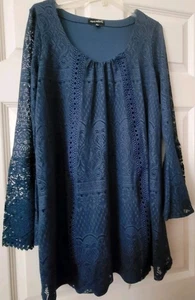 Sequin Hearts Country Blue Lined Lace Mini Shift Dress, Lace Bell Sleeves, Sz M - Picture 1 of 7