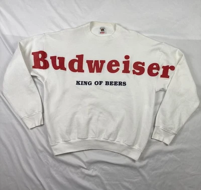 Винтажная мужская толстовка Budweiser King of Beers XL белая с круглым вырезом сделано в США 80-е - Изображение 1 из 4