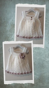 crochet handmade baby flower dress 3-6 months girls white quartz pink - Picture 1 of 4