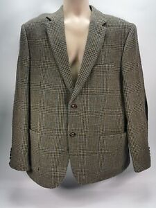 M&S LUXURY TWEED WOOL Brown Checked JACKET WITH ELBOW PATCHES Size 44m