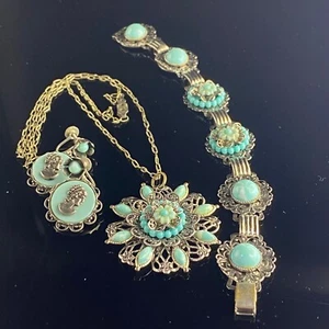 Open Work Filigree Silver Turquoise Cameo Jewelry Set Necklace Earrings Bracelet - Picture 1 of 9