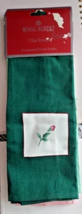 "Rose Clouds" Royal Albert Tea Towels 3 pack Dark Green, Mint Green and Pink - Picture 1 of 6