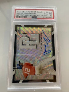 2021 LEAF PERFECT GAME METAL AUTO JUSTIN CRAWFORD RC BLACK /5 PHILLIES RC PSA 10 - Picture 1 of 2