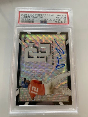 2021 LEAF PERFECT GAME METAL AUTO JUSTIN CRAWFORD RC BLACK /5 PHILLIES RC PSA 10 - Image 1 of 2