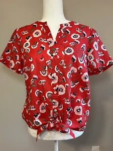 J.Crew Womens Shirt Red Cotton Floral Tie Hem Short Sleeve Button Up Size Medium - Picture 1 of 8