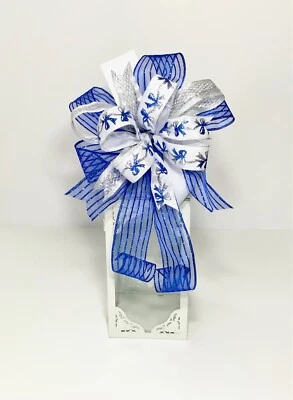 LARGE CHRISTMAS DECORATION 3 RIBBON BLUE BOW ELEGANT STUNNING WREATH PACKAGE  - Image 1 of 4