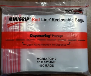 Bolsas de polietileno minigrip línea roja reconectables 4 mil doble cremallera 8"x10" - PAQUETES de 100 - Imagen 1 de 4