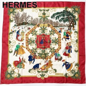 HERMES Scarf Carre 90 Joies D'Hiver Winter Fun Silk Red Ivory Gold 100% Silk - Picture 1 of 7