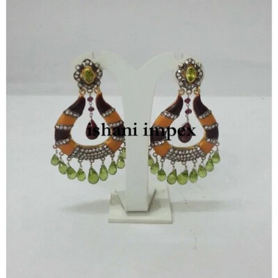 Handmade Natural Pave Diamond & Peridot 925 Sterling Silver Enamel Earrings - Image 1 of 4