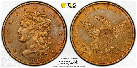 1834 PCGS AU53 Classic Head $5 Crosslet 4 Cover