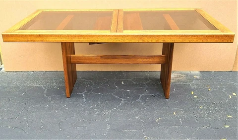 MCM Vintage Solid Teak Smoked Glass Extendable Pop Up Leaf Dining Table Cover