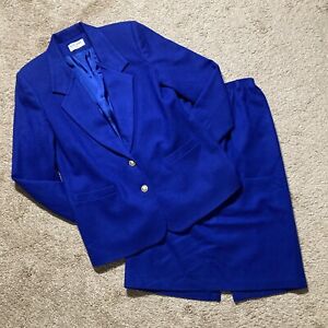 Alfred Dunner Skirt Suit Size 8 10 Blue Set Career Church Business Wool Vintage