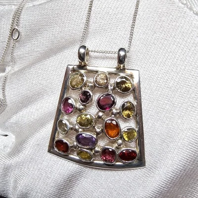 Natural Multi Gemstone Retro Cluster Pendant Necklace 925 Sterling Silver 18" - Image 1 of 4