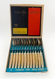 Vintage TINY Demitasse Stainless Steel 12 Spoons WHITE & GOL D 4” Original Box - Picture 1 of 9