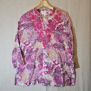 Charter Club Hemd Damen L rosa Blumen Leinenmischung bestickt Paisley Coastal - Bild 1 von 11