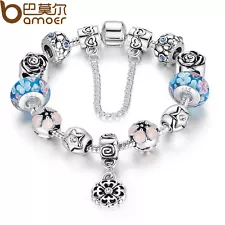 European 925 Silver Charms Bracelet DIY With Flower Bead Women Christmas Jewelry